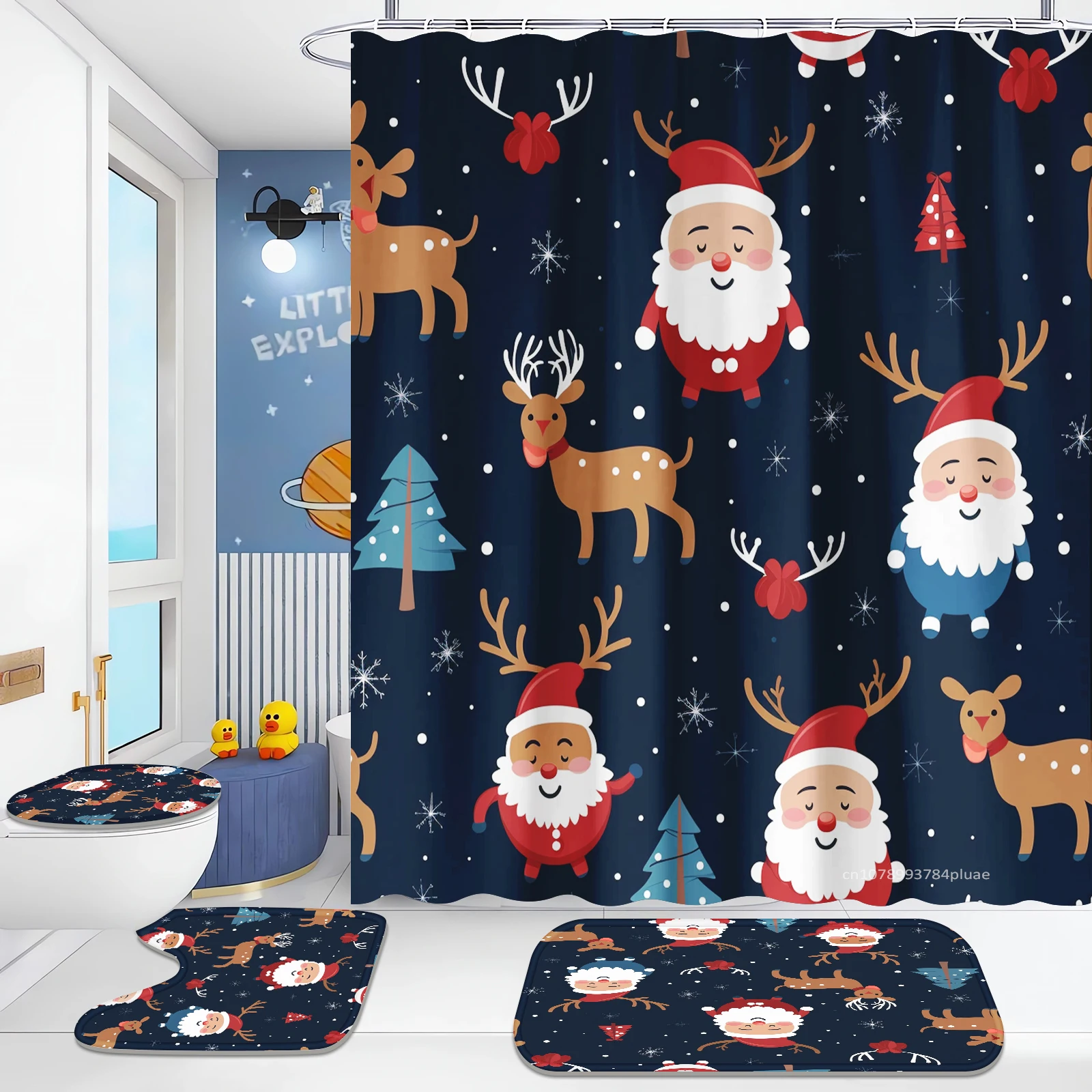 Shower curtain four-piece set Christmas style holiday decoration cartoon bathroom decoration waterproof and mildew-proof