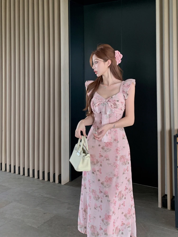 Bowtie floral V-neck flying sleeve dress for women summer pink gentle long dress slim waist A-line Dress 2024 New