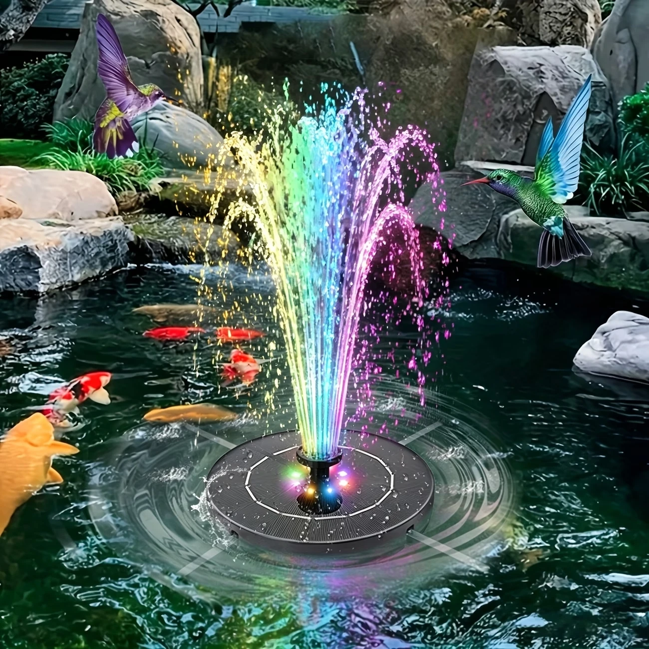 3.5W Solar-Powered Water Fountain with Colorful  LED Lights and 6 Nozzles, DIY Garden Landscape, Solar Bird Bath Fountain