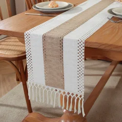 Hand Woven Jute Natural Linen Table Runner with Tassels Rustic Country Wedding Birthday Christmas Decoration for Home tablecloth
