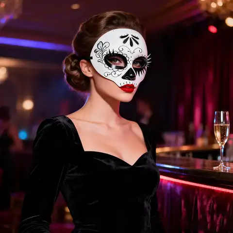 Halloween Premium Half-Face Bridal Mask, Sexy Prom Black and White Full-Face Floral Swirl Skull Mask with Adjustable Ribbon