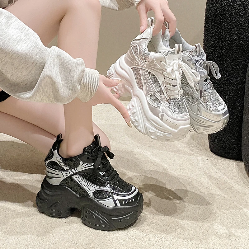 New 2024 Thick Bottom Bling Leather Chunky Sneakers Breathable Sport Ankle Boots Women Comfy 10.5CM Heels Autumn Vulcanize Shoes