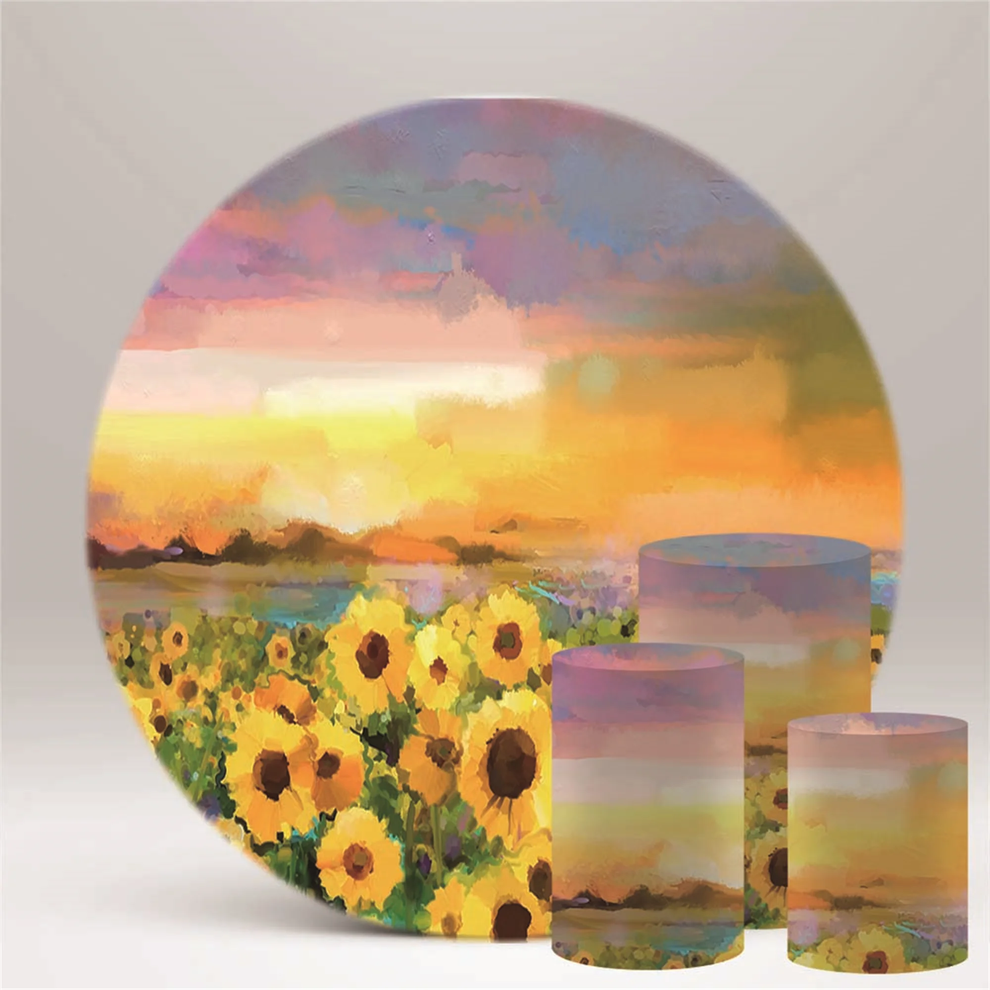 Oilpainting Sunflowers Round Backdrop Cover for Birthday Party Banner Photo Round Background