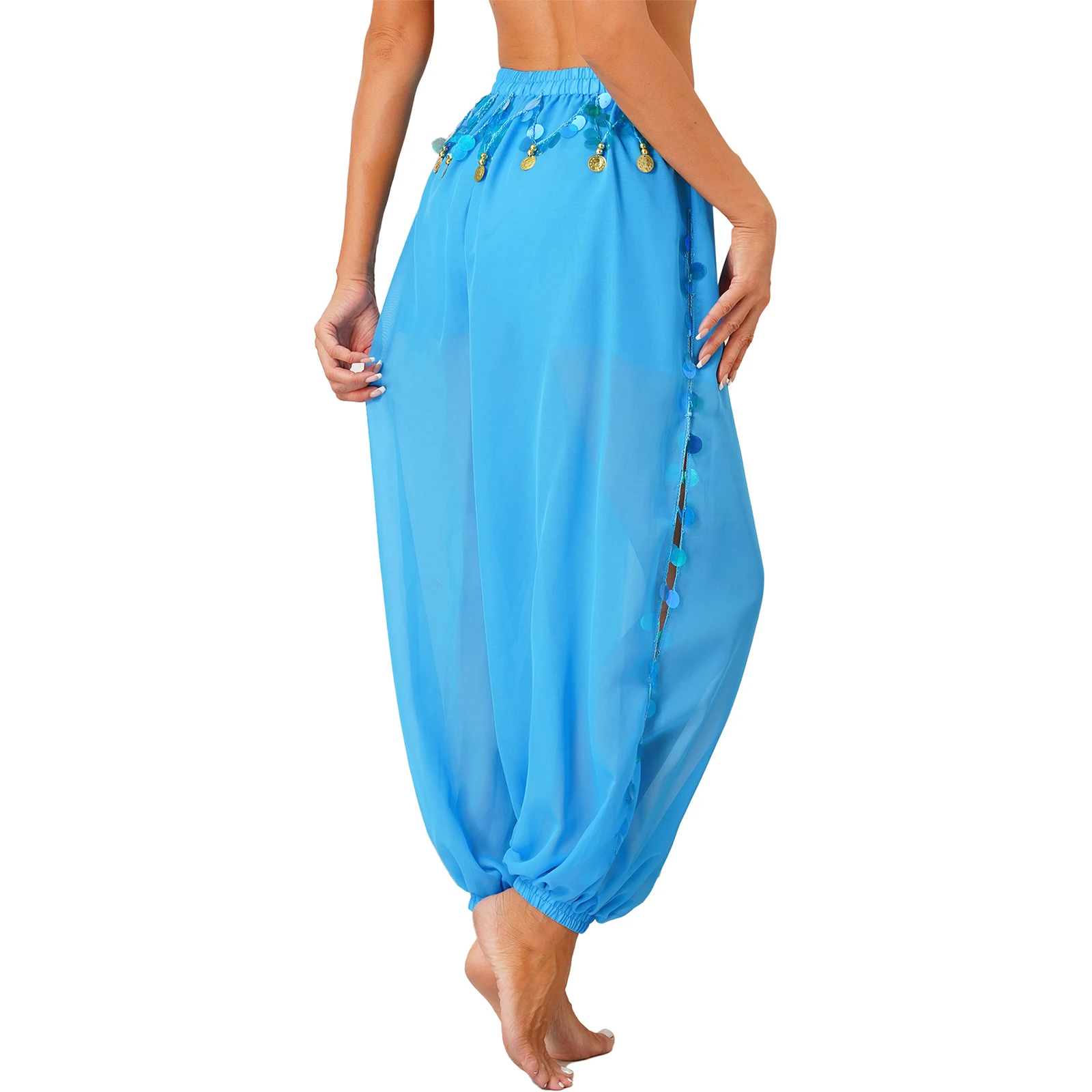 Womens Belly Dance Harem Pants Hippie Shiny Sequins Side Split Coins Lantern Pants Trousers Tribal Arabic Halloween Costume