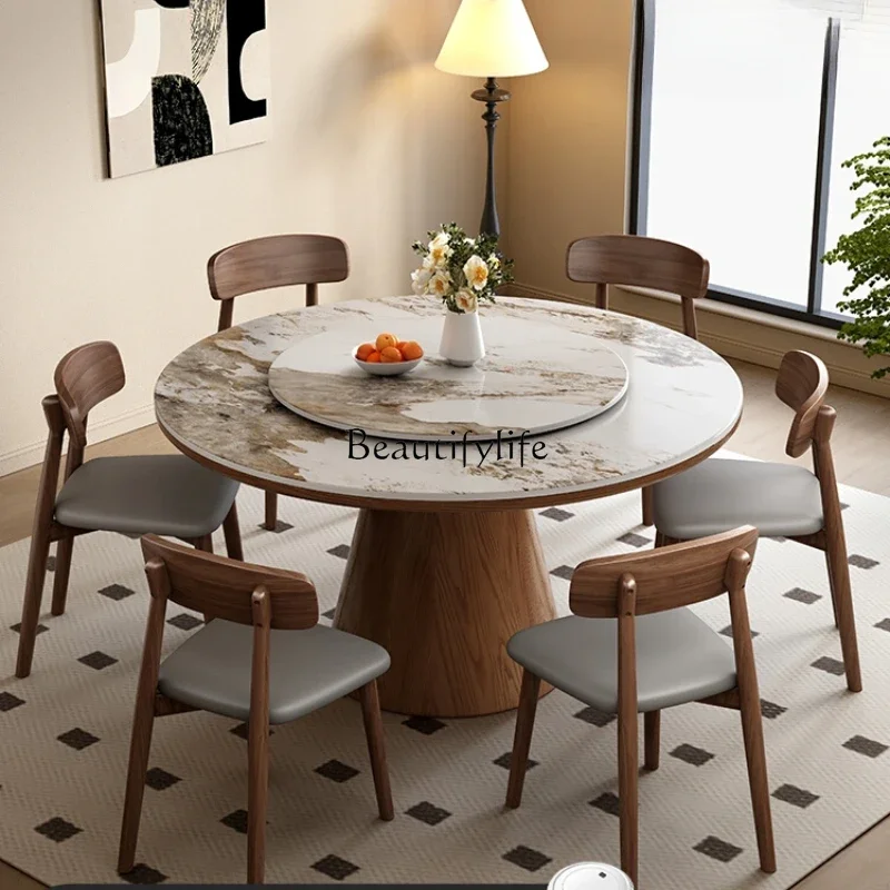 

Light luxury rock slab solid wood dining table Small apartment round modern simple multi-functional dining table