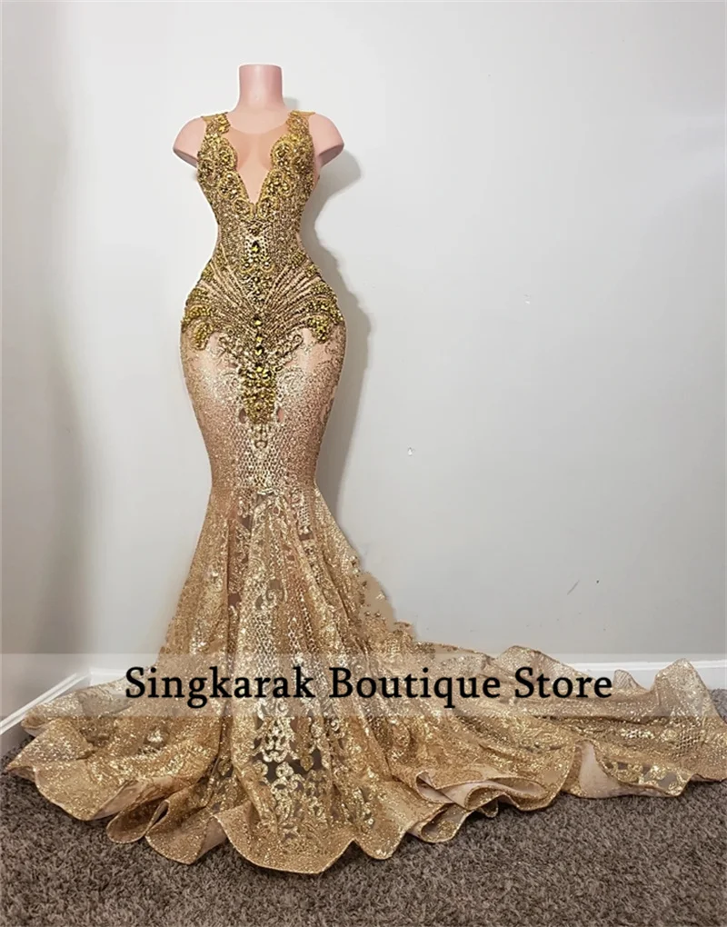 Sparkly Gold Diamonds Long Prom Dresses 2024 Sparkly Beads Crystal Sequins Birthday Party Gown Wedding Reception Robe Customized