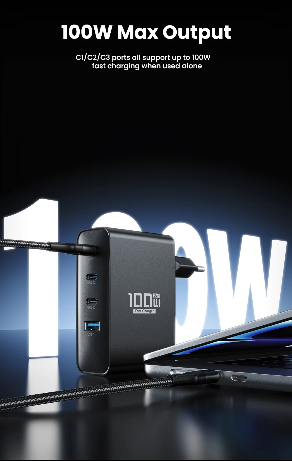ASOMETECH 100 W USB-Ladegerät GaN-Ladegerät für MacBook Laptop Schnellladung für Samsung Xiaomi USB Typ C PD-Aufladung für iPhone 15 14 – Detail 3