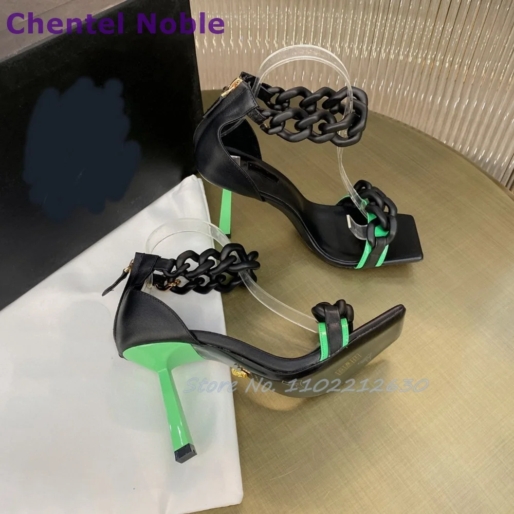 Mixed Colors Chain Sandals Open Toe Square Toe Thin High Heels Cover Heel Sandals Newest Fashion Sexy Luxury Women Shoes Summer