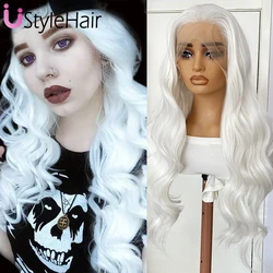 UStyle White Wig Long Body Wave Synthetic Wig Natural Hairline Lace Front Wig for Women Daily Wear Cosplay Wigs Heat Resistant