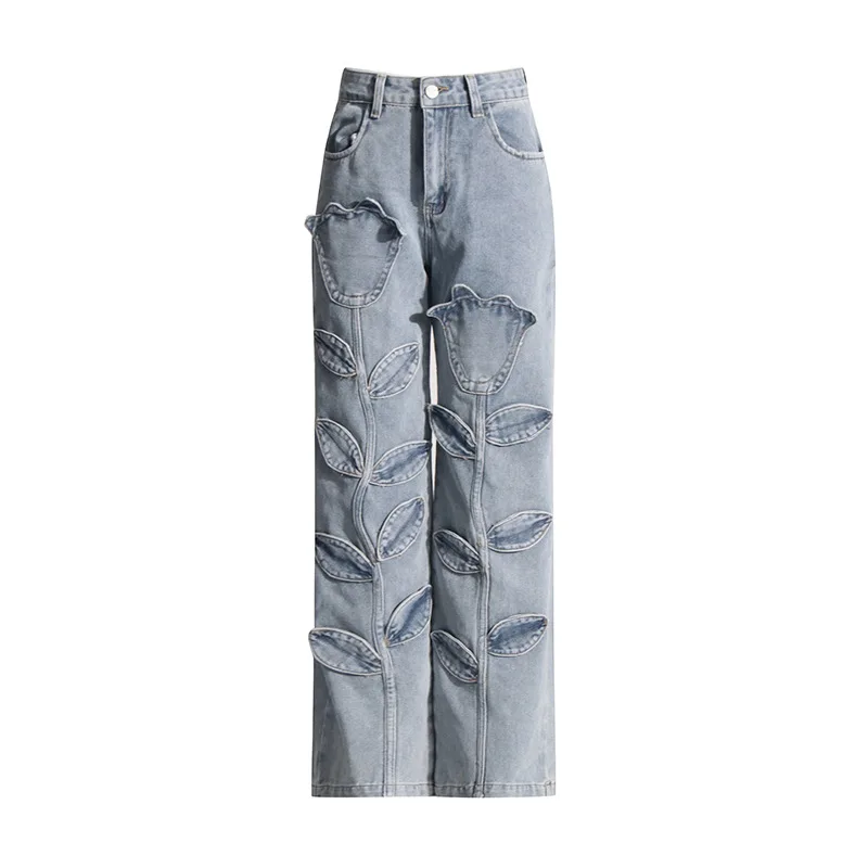 High Street Casual Style Jeans Pants Women's Autumn New Style Flower Splicing Design High Waisted Straight Leg Denim Pants