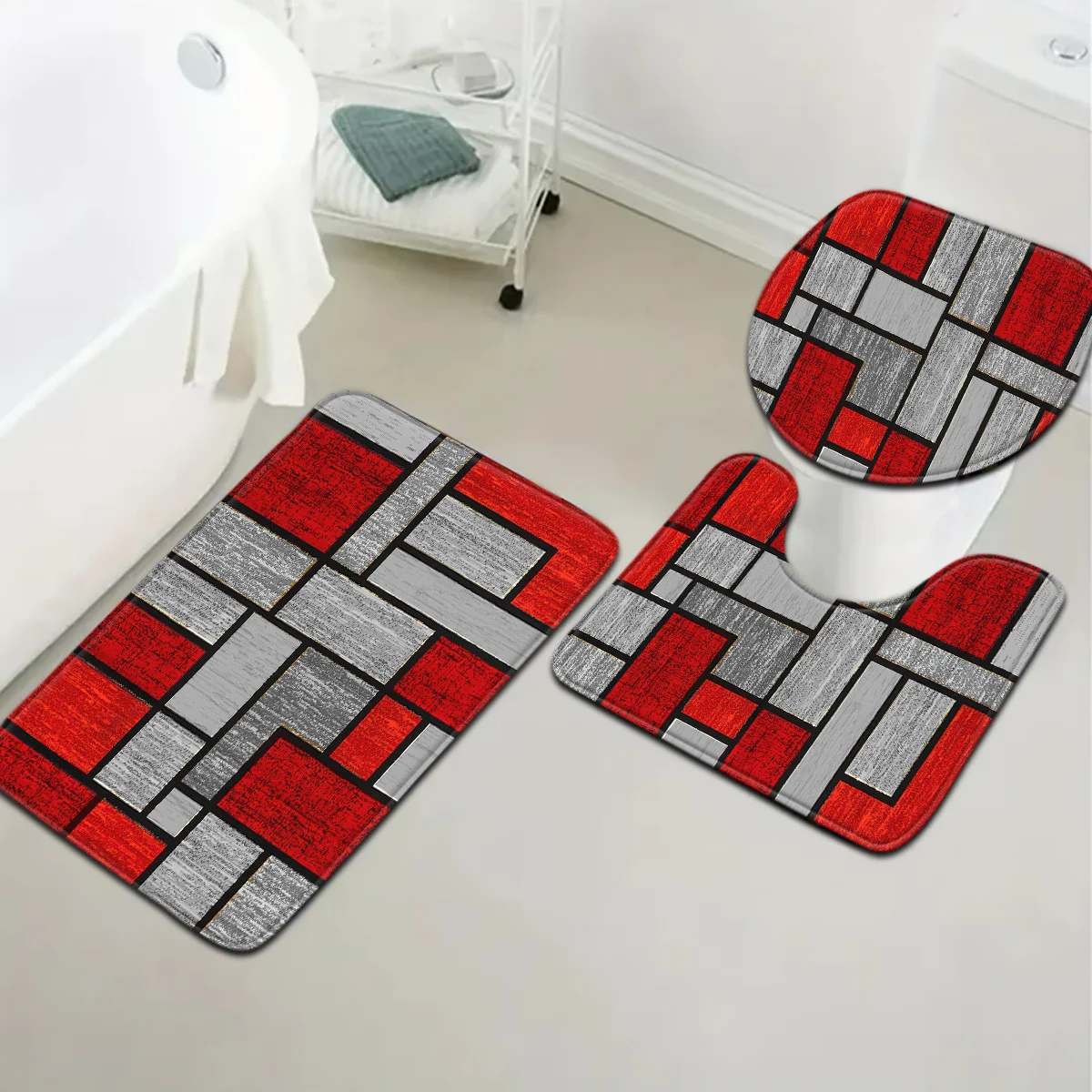 

3pcs Fashion Simple Red and Gray Geometric Pattern Bathroom Mat Set Toilet Seat Cover U-shaped Foot Pad for Bathroom Decoration