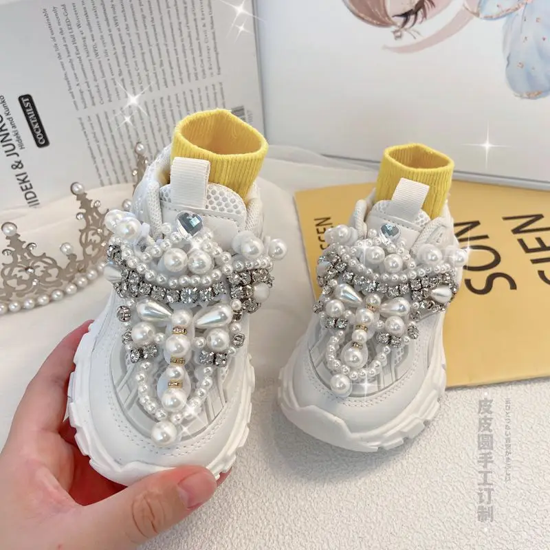 Rhinestone Kids Sneakers Girls Spring Fashion Casual Running Sports Trainers Brand Breathable Children Pearl with Diamond Flats