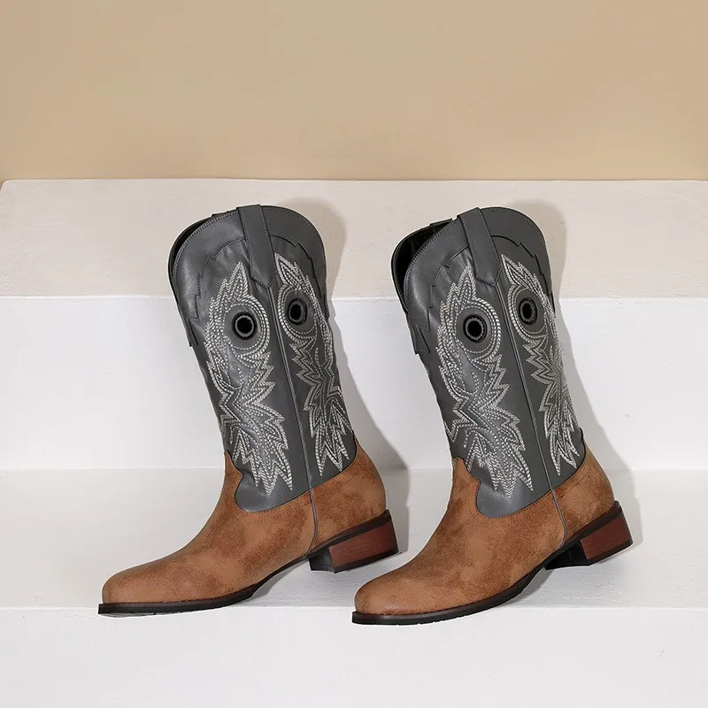 

Retro Embroidered Colorblock Men Boots Slip-On Thick Low-Heel Women Ankle Botines Soft Leather Comfortable Western Cowboy Botas