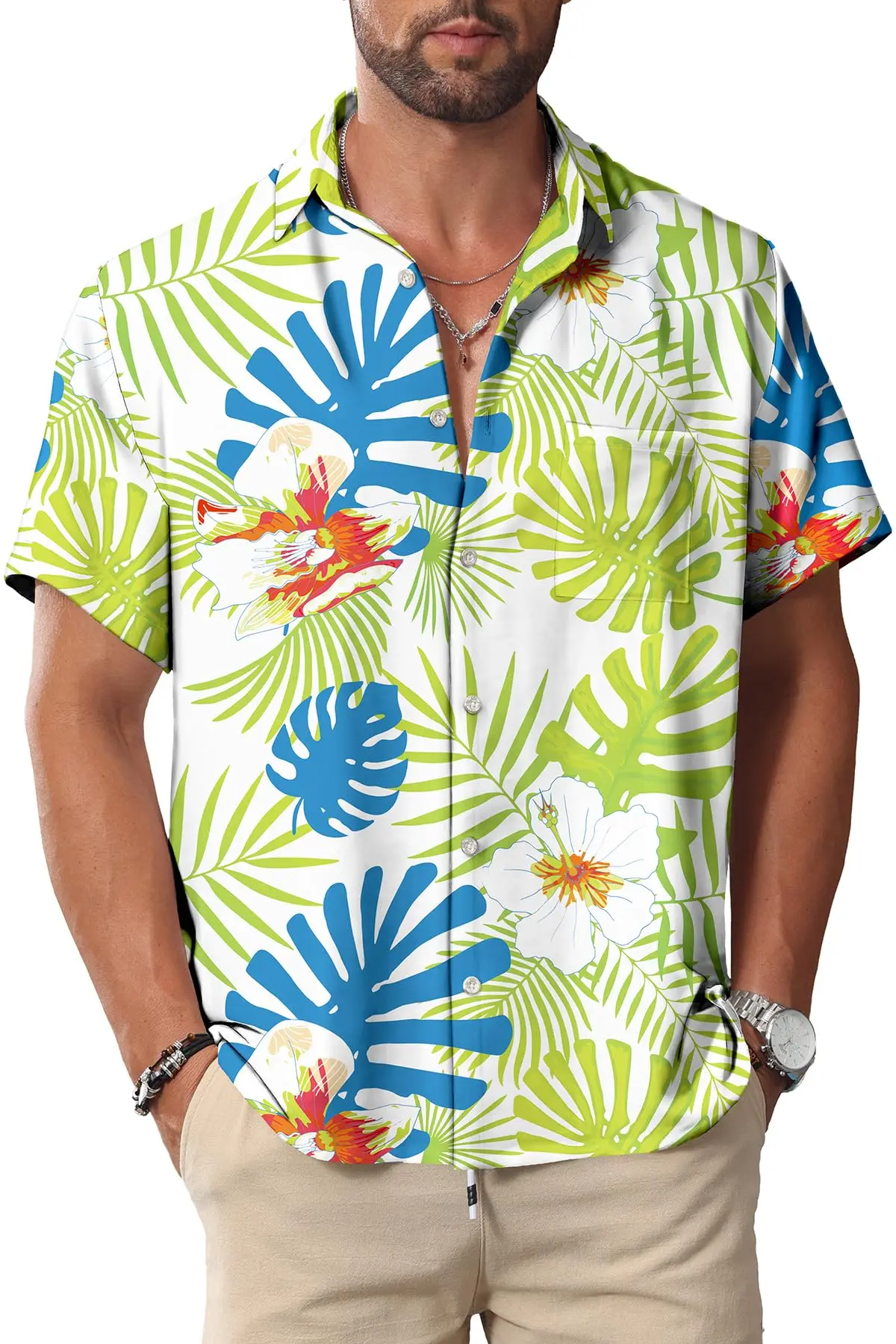 

KYKU Гавайские мужские рубашки Повседневная: тропическая мужская рубашка на пуговицах с коротким рукавом для пляжного отдыха и карманом