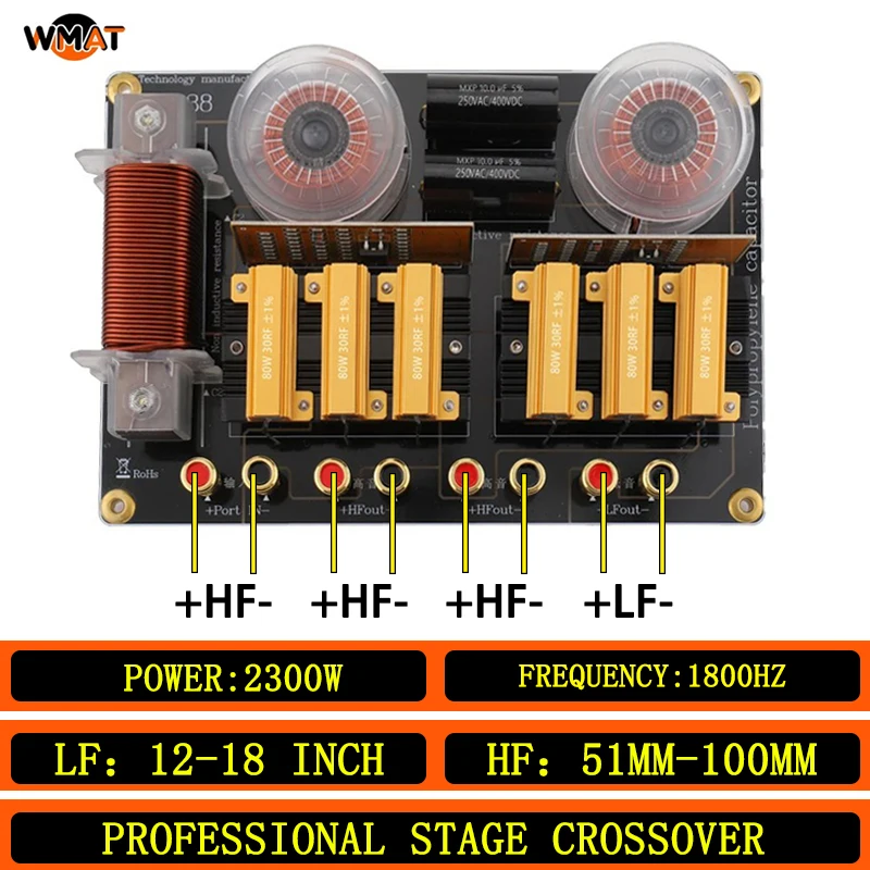 

TK38/3-Way Crossover with Tweeter Protector, 2300W 1800Hz for 12-18" Woofer & 51-100mm Tweeter, Pro Audio Stage Speaker