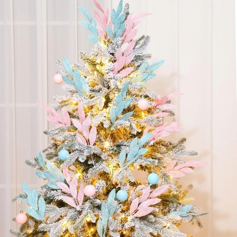 3/12 Stück Rosa Glitzernde Blätterzweige Künstliche Stiele für Weihnachtsbaum DIY Kranz Hochzeitstisch-Dekoration Winterparty-Deko – Detail 7