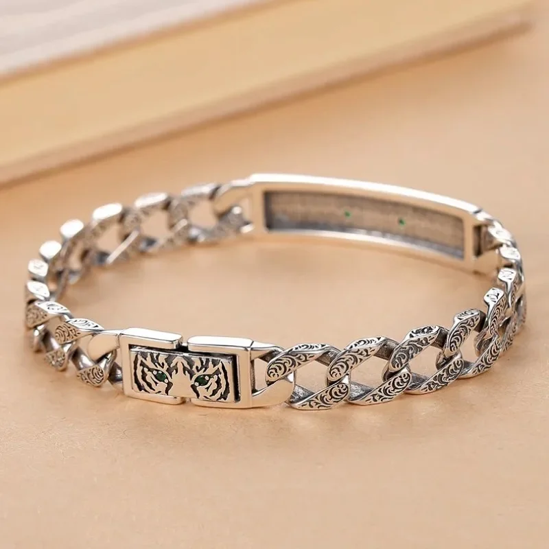 925 Silver charm Couple Style Chain Bangles Hip-Hop Style Tiger Pattern Cuban Glossy Green Zircon Bracelet for Men Jewelry