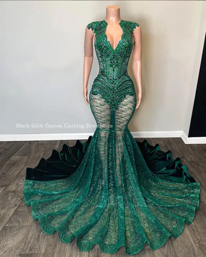 فستان مثير بحورية البحر باللون الأخضر من هنتر للنساء رائع بياقة على شكل V وحجر الراين الكريستالي شفاف من خلال السهرة فيستدو دي فيستا مخصص