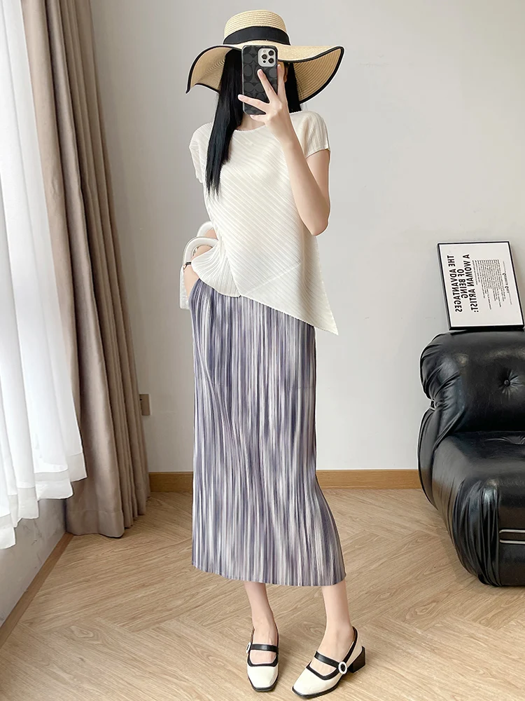 Three-pleat Half-length Skirt Summer New Loose plus Size Versatile Slimming Gradient Color Straight-cut Skirt Casual Polyeste...