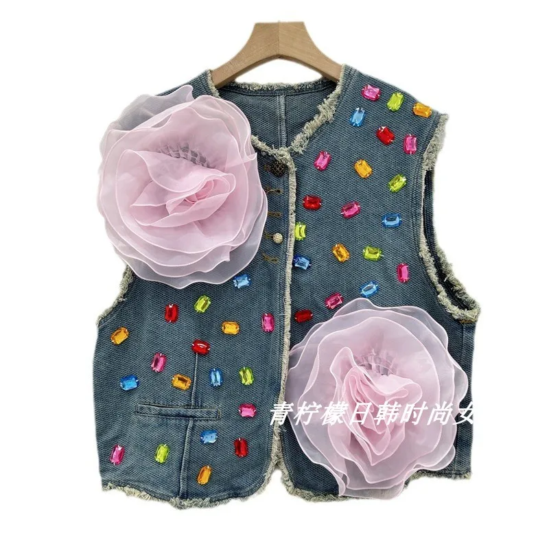 Roze Bloem New2024 Retro Ronde Hals Vest Chic Burr Kleurrijke Kristallen Design Sense Jas Mouwloos V-Hals Denim Vest