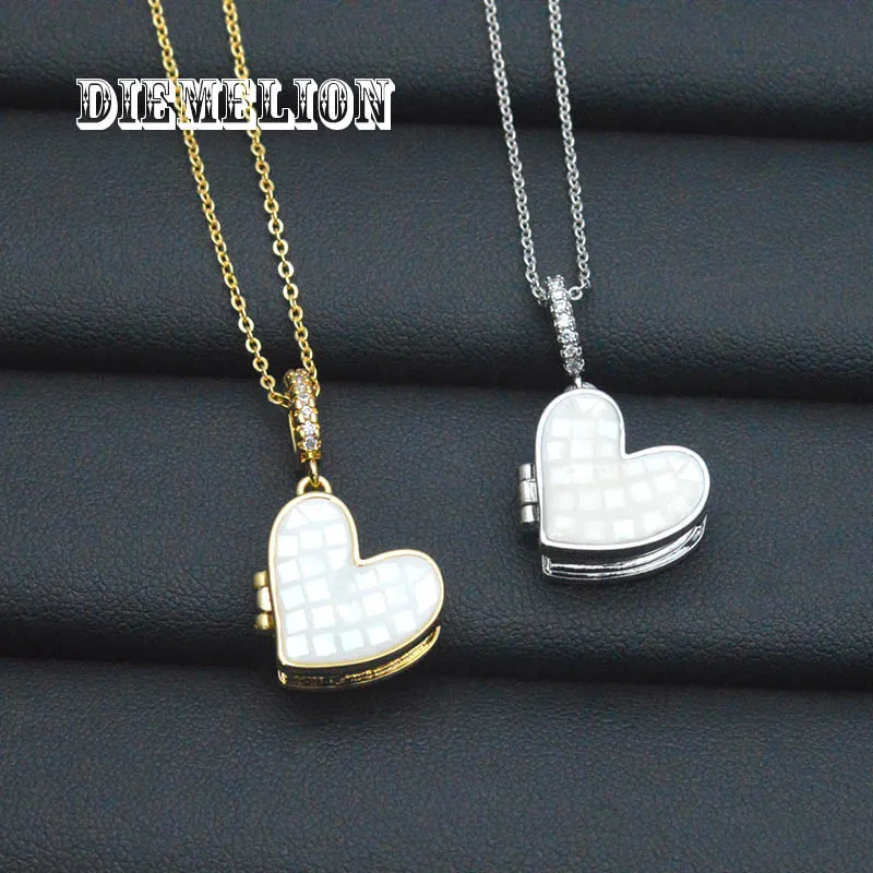 Cute Heart Shaped Natural MOP Shell Photo Picture Locket Necklace Openable Photo Frames Pendant Necklace for Lover Couples Gift