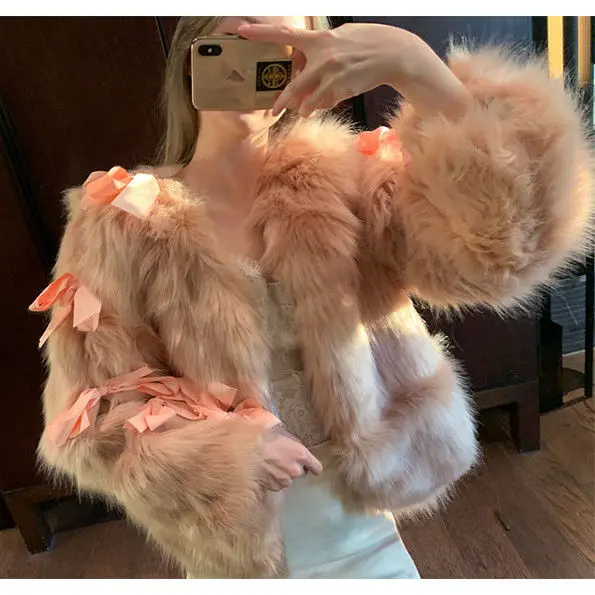 Sweet Faux Mink Fur Coat Bowtie Knot Imitation Fox Hair Bomber Jacket Streetwear Lace Up Thickening Cardigan Parka Tops Abrigos