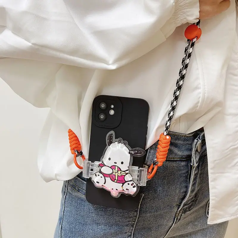 Ins Sanrio Quicksand Patch Cell Phone Back Clip Braided Crossbody Kuromi Mymelody Cinnamoroll Pochacco Anti-Lost Lanyard Clip