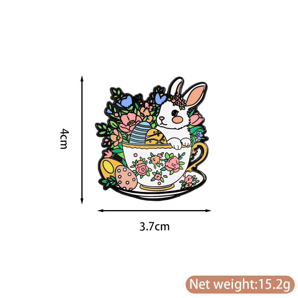 Osterhase in Blumen-Teebecher-Brosche Niedliche Pastell-Ei-Blumen-Emaille-Anstecknadel Frühlingsfest-Reversnadel Kleidungs- und Taschendekoration – Detail 2