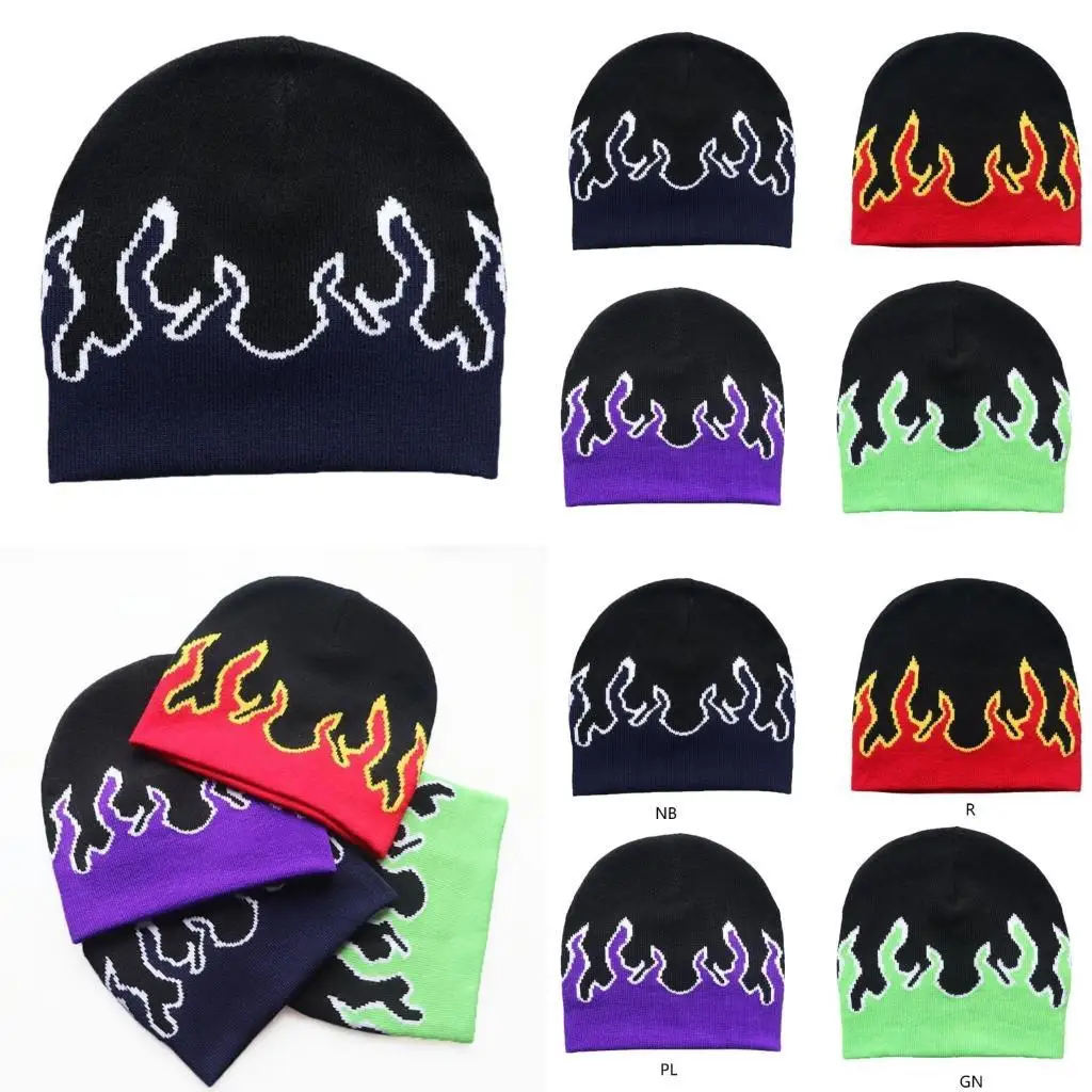 

652F 2000s Flame Caps Knitting Hat Slouch Skullies Flame Skull Caps