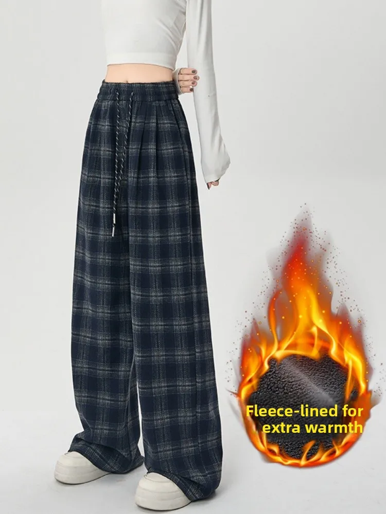 Pantalon à carreaux doublé de Fce rouge pour femmes, taille haute, drapé, jambe droite, longueur au sol, en laine, jambes larges, pour les déplacements