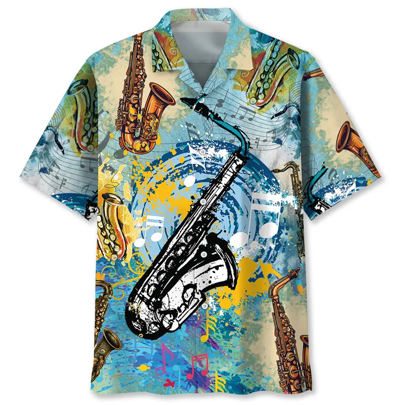 Camisa hawaiana Tropical de saxofón, blusa de manga corta con estampado 3D de instrumento Musical, camisas con botones para amantes de la música callejera