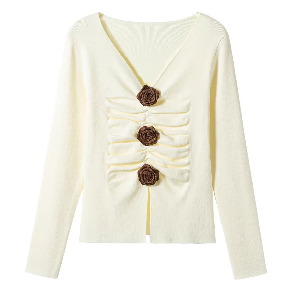 

Плиссированная трикотажная рубашка с длинными рукавами, облегающий топ с 3D розой, осень-весна-зима, милый вязаный топ для женщин на осень
