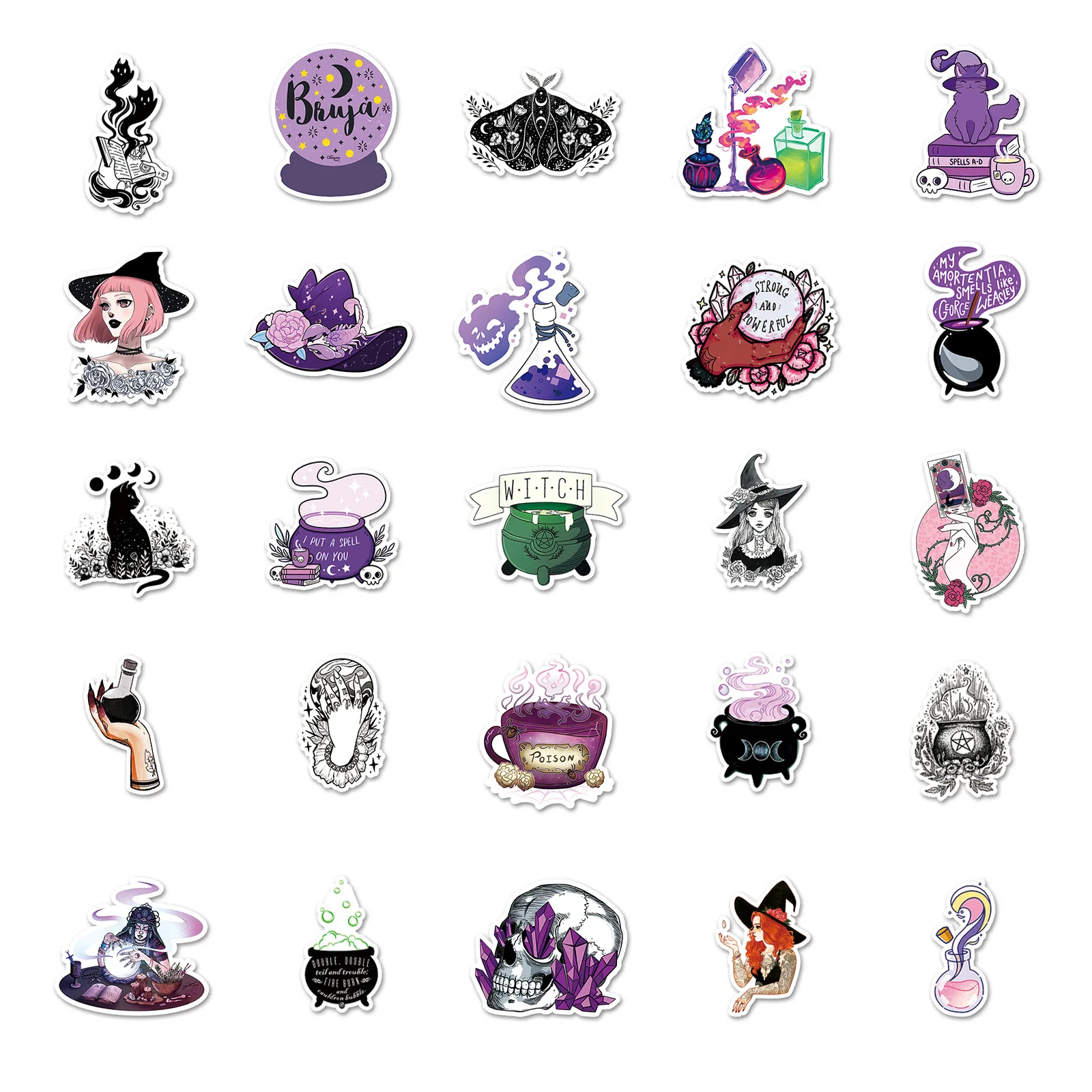 10/30/50PCS Classic Retro Witch Magic Stickers Waterproof PVC DIY Luggage Laptop Skateboard Phone Car Sticker Decals Toy Gift