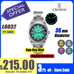 Cronos EX mechanische Herrenuhr 36 mm PT5000 SW200 Automatik Saphirglas-Armband mit Buchse 10 ATM L6032