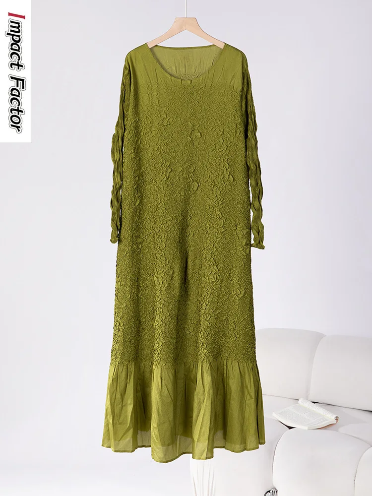 

Miyake Pleated Jacquard Texture Solid Color Dress Women's High-end Temperament Round Neck Pullover Long Embroidered Primer Skirt