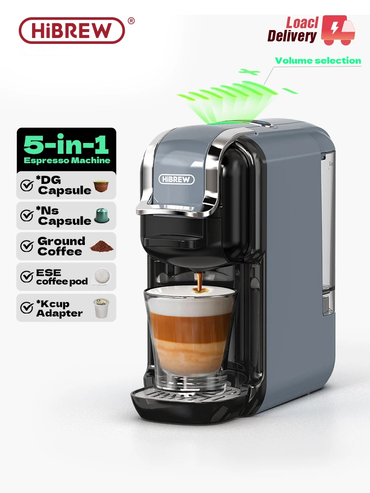 HiBREW 5 in 1 Multiple Capsule Coffee Machine Hot/Cold DG Cappuccino Nes Capsule ESE Pod Ground Coffee Cafeteria 20Bar H2B Grey