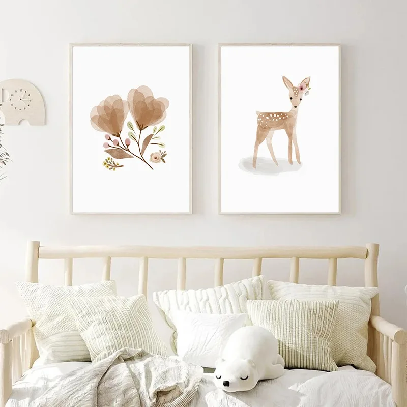 Cute Deer Bear Rabbit Bird Flower Boho Nursery Nordic Posters Prints Wall Art Pictures Canvas Painting for Kids Baby Room Decor