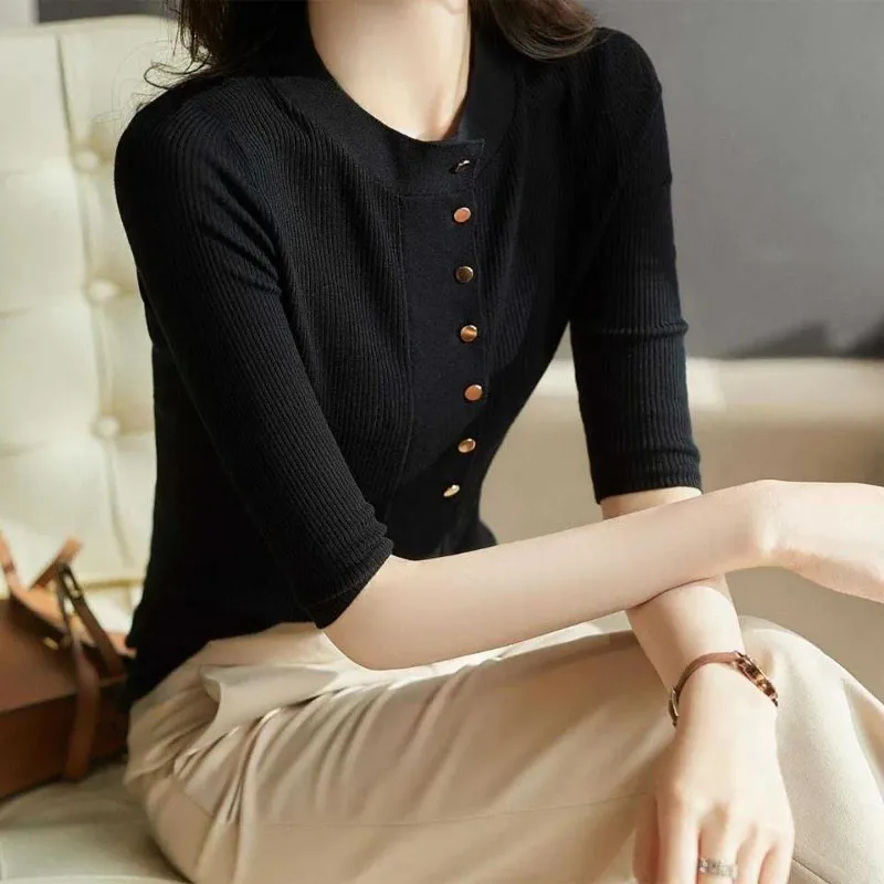 Elegant Fashion Slim Solid Button Spliced T-shirt for Female Women\'s Clothing Simplicity All-match Half Sleeve Knitted Tops