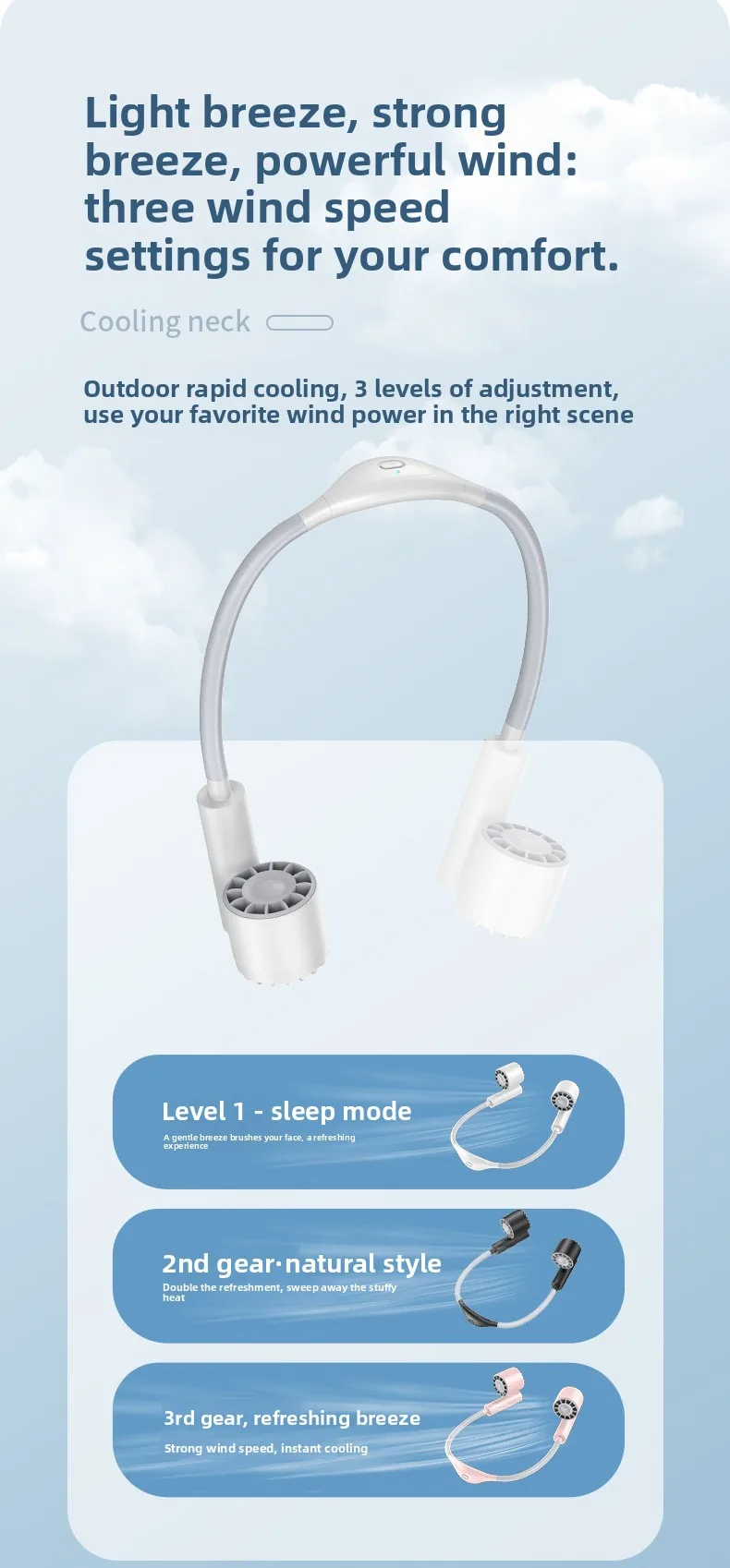 Portable Lightweight Halter Neck Air Cooling Fan Usb Rechargeable Outdoor Travel Sport Wearable Mini Hanging Neck Fan 3gear Wind