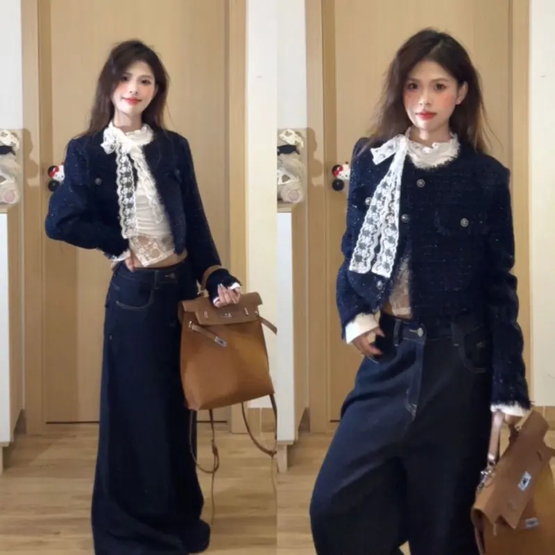 

Spring Fashion Set Korean Style Short Coat Casual Jeans Three Piece Set Skirt Youthful Elegant Cotton Blend Warmth Clothing
