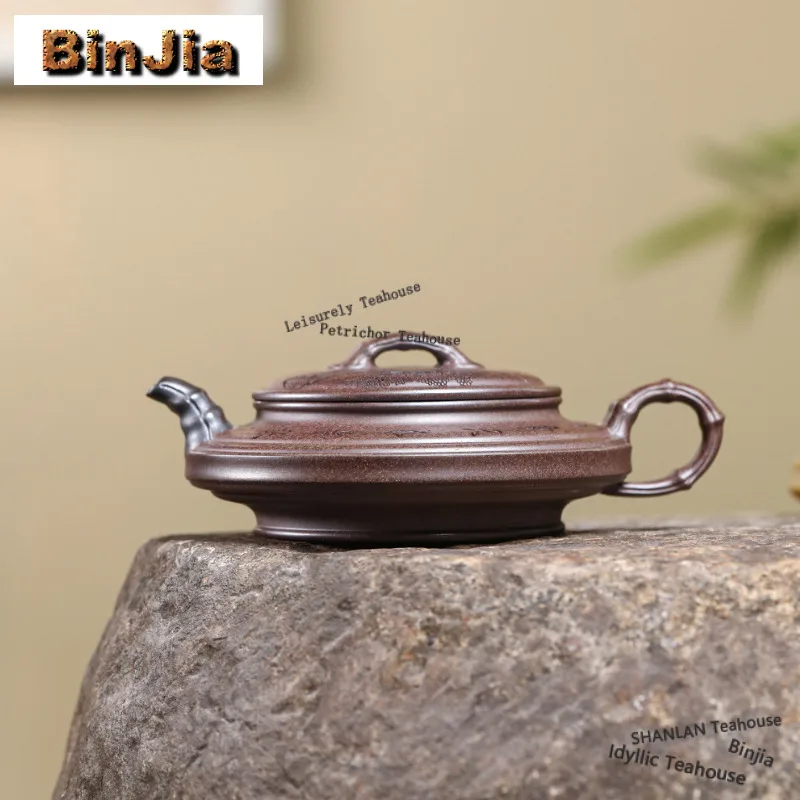 

230 мл высококачественные чайники Yixing из фиолетовой глины, плоский горшок ручной работы с бамбуковым соединением, чайник из сырой руды, грязевой чайник, коллекция чайных сервизов Zisha