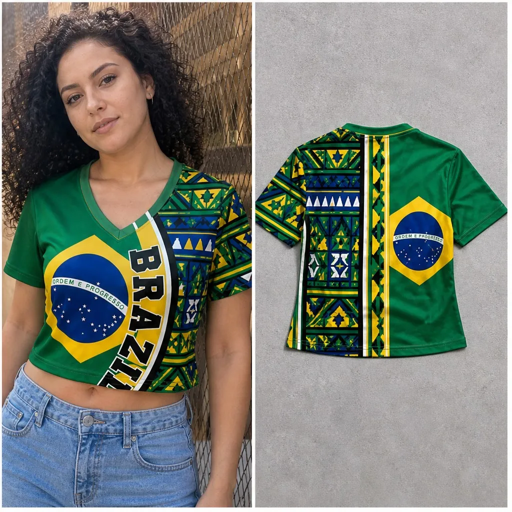 Womens Brazil V Neck Short Sleeve Crop Top Flag Geometric Design Casual Summer Shirt for Street Travel Holiday and Everyday Wear