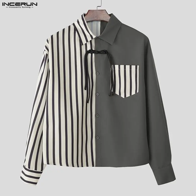 INCERUN เสื้อเชิ้ตผู้ชายลายทางต่อผ้าปกเสื้อแขนยาวติดกระดุมเสื้อผู้ชายสตรีทแวร์ทรงหลวมแฟชั่นสไตล์เกาหลีเสื้อผ้าลำลองผู้ชาย