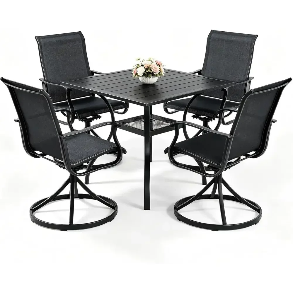 5-Piece Patio Dining Set: 4 Swivel Chairs & Square Table with Umbrella Hole for Outdoor, Lawn, Backyard, Garden (Black)
