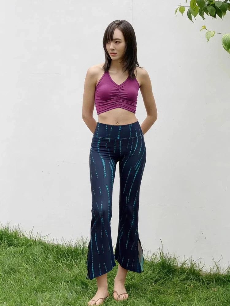 Pants Spring Summer New Print Mid Waist High Elastic Tie Dye Flare Side Slit Sweat Wicking Yoga Fitness Thin Casual Trousers