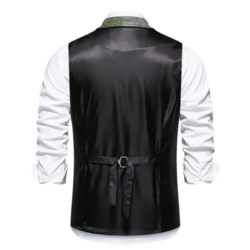 Imagen 2 del producto Chaleco verde para hombre, chaleco a cuadros de Tweed, traje a cuadros con solapa ajustada, chaleco vintage en espiga para padrinos de boda