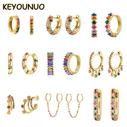 KYOUNUO-pendientes de tuerca rellenos de oro y plata para mujer, aretes de aro de cadena de Piercing de circón colorido, joyería de fiesta, venta al por mayor