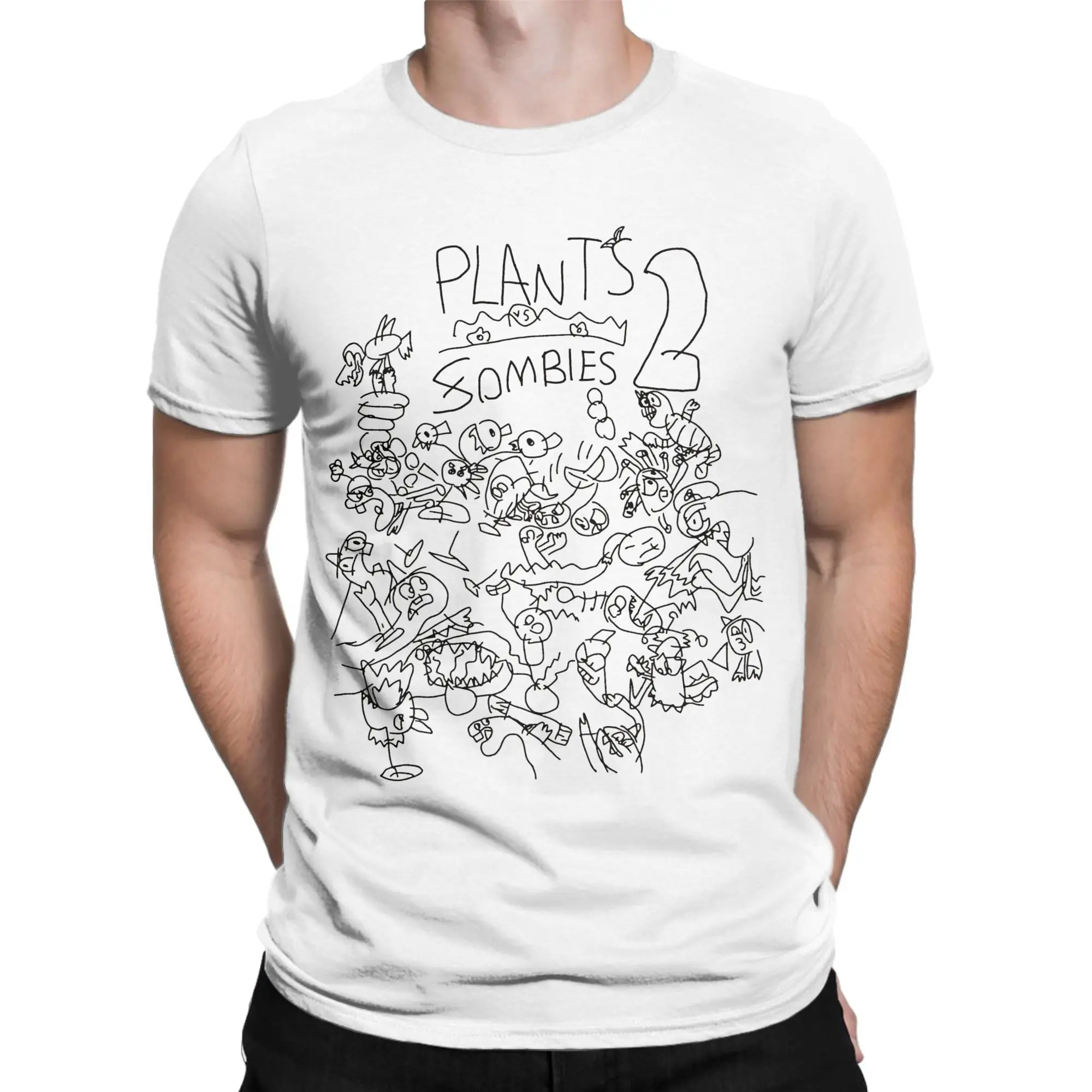 تي شيرت رجالي النباتات مقابل الزومبي خربش يصل خمر القطن الخالص تي شيرت قصير الأكمام لعبة فيديو تي شيرت س الرقبة الملابس الحاضر