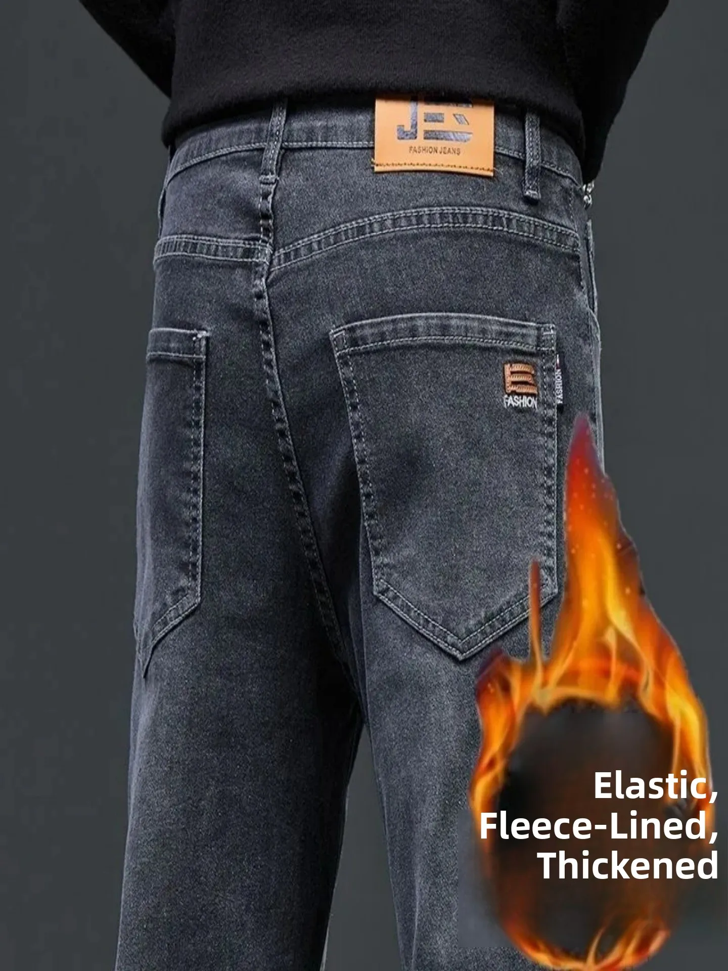 

Thickened Fleece Autumn Winter Men's Jeans Casual Loose Straight Leg High Elasticity Warm Business Casual Trousers