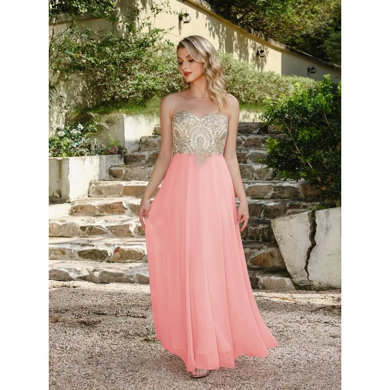 فساتين وصيفة الشرف على شكل قلب وردي داكن أنيق من الشيفون لحفلات الزفاف مزين بالذهب على شكل حرف A فساتين سهرة رسمية طويلة